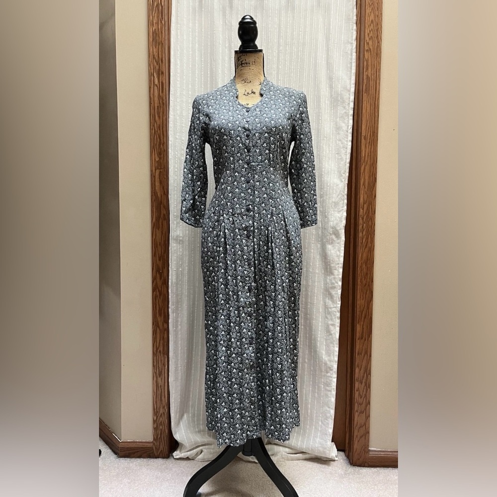 Cottagecore April Cornell Floral Button Front Midi Dress Blue Vintage XXS Modest